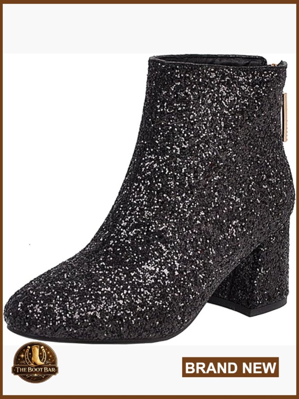 Chunky Heel Bootie, Back Zipper, Glitter Sparkly Ankle Boots for Party